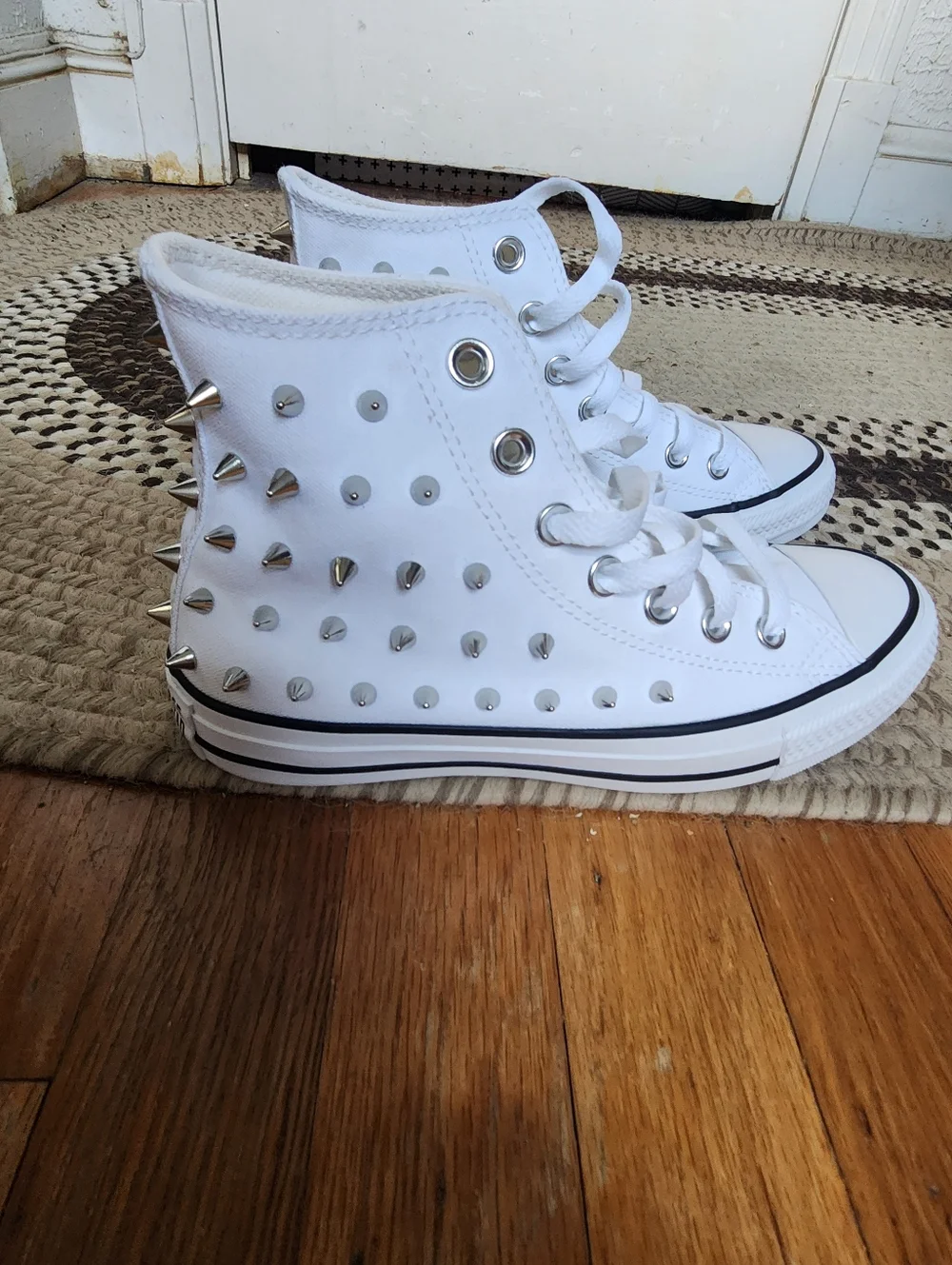 Converse White High Top Sneakers with Silver Studs